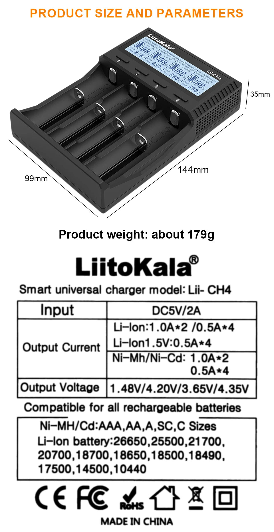 LiitoKala Lii-CH4 Smart Charger for 18650/21700/26650/AA/AAA/Ni-MH/Li-ion,1.2V/1.5V 4-Slot Fast Charge, USB-C, Auto Detect