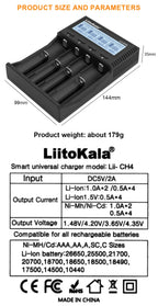 LiitoKala Lii-CH4 Smart Charger for 18650/21700/26650/AA/AAA/Ni-MH/Li-ion,1.2V/1.5V 4-Slot Fast Charge, USB-C, Auto Detect