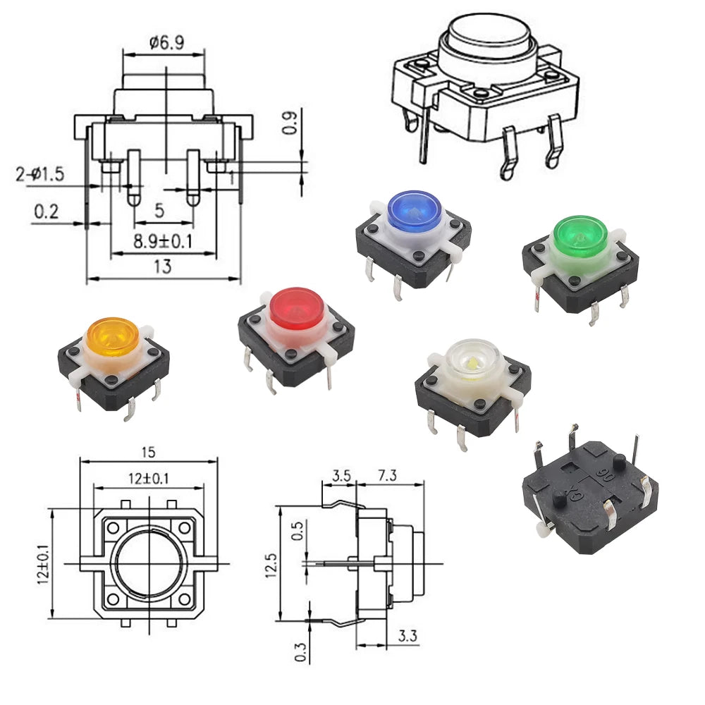 Tactile Push Button Switches 12x12x7.3mm 4 Pin Illuminated Tact Switch LED Light Button Reset Momentary Switches 12*12*7.3mm