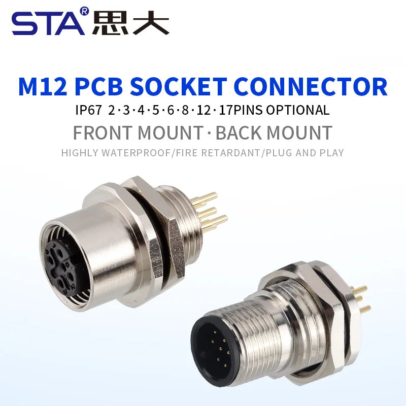 M12 Sensor Waterproof Circular Connector Panel Mount Bulkhead Installation Metal Male Female PCB Socket 2 3 4 5 6 8 12 17pin