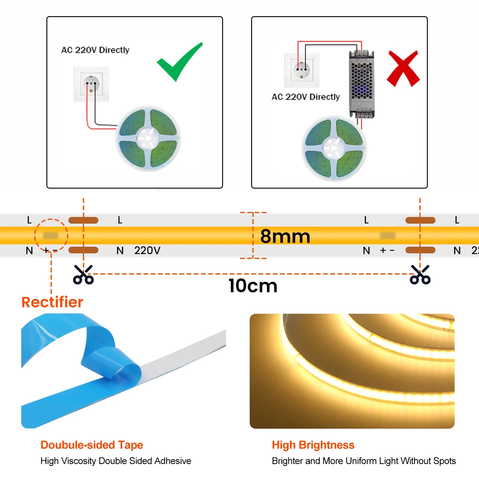 220V 110V 5m-20m COB LED Strip Light with EU/US Plug/2pin Wire 3000K 4000K 6500K 240LEDs/m Linear Lighting Flexible Tape Lights