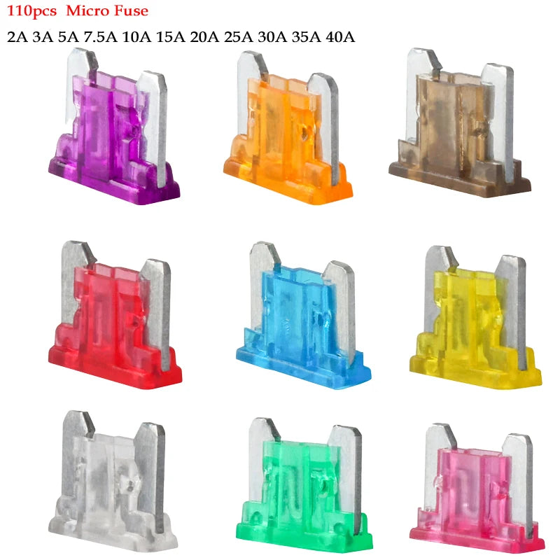 100/50/10pcs Micro Car Fuses Automotive Blade Type Mini Fuse Assortment Blade Fuse Set 2A 3A 5A 7.5A 10A 15A 20A 25A 30A 35A 40A