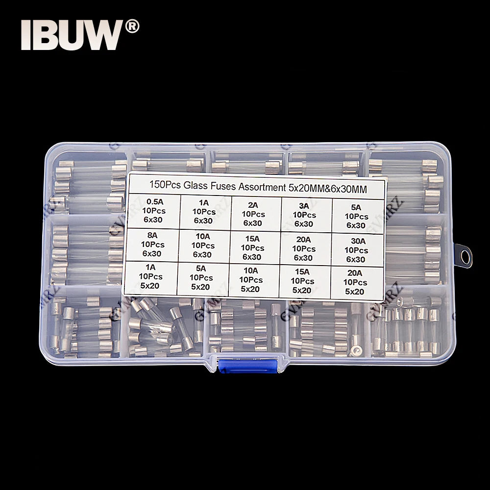150Pcs 15value 5x20mm 6x30mm Glass Fuse Assorted Kit Box 0.25A 0.5A 1A 2A 3A 5A 8A 10A 15A 20A 30A