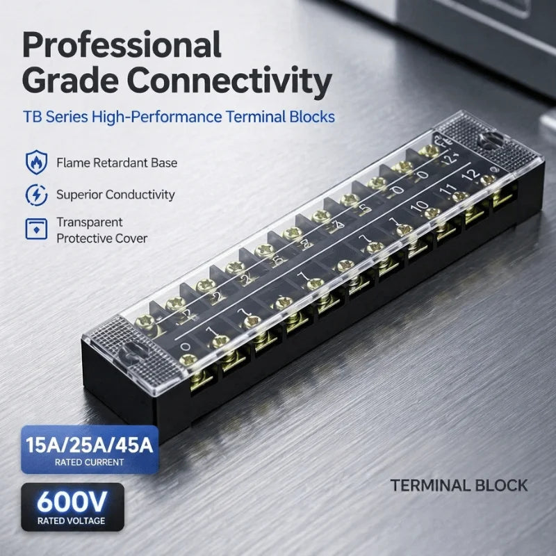 DIN Rail Screw Terminal Block Barrier Strip TB1503 TB2503 TB4512 15/25/45A Electrical Wire Connector with Flame Retardant Cover