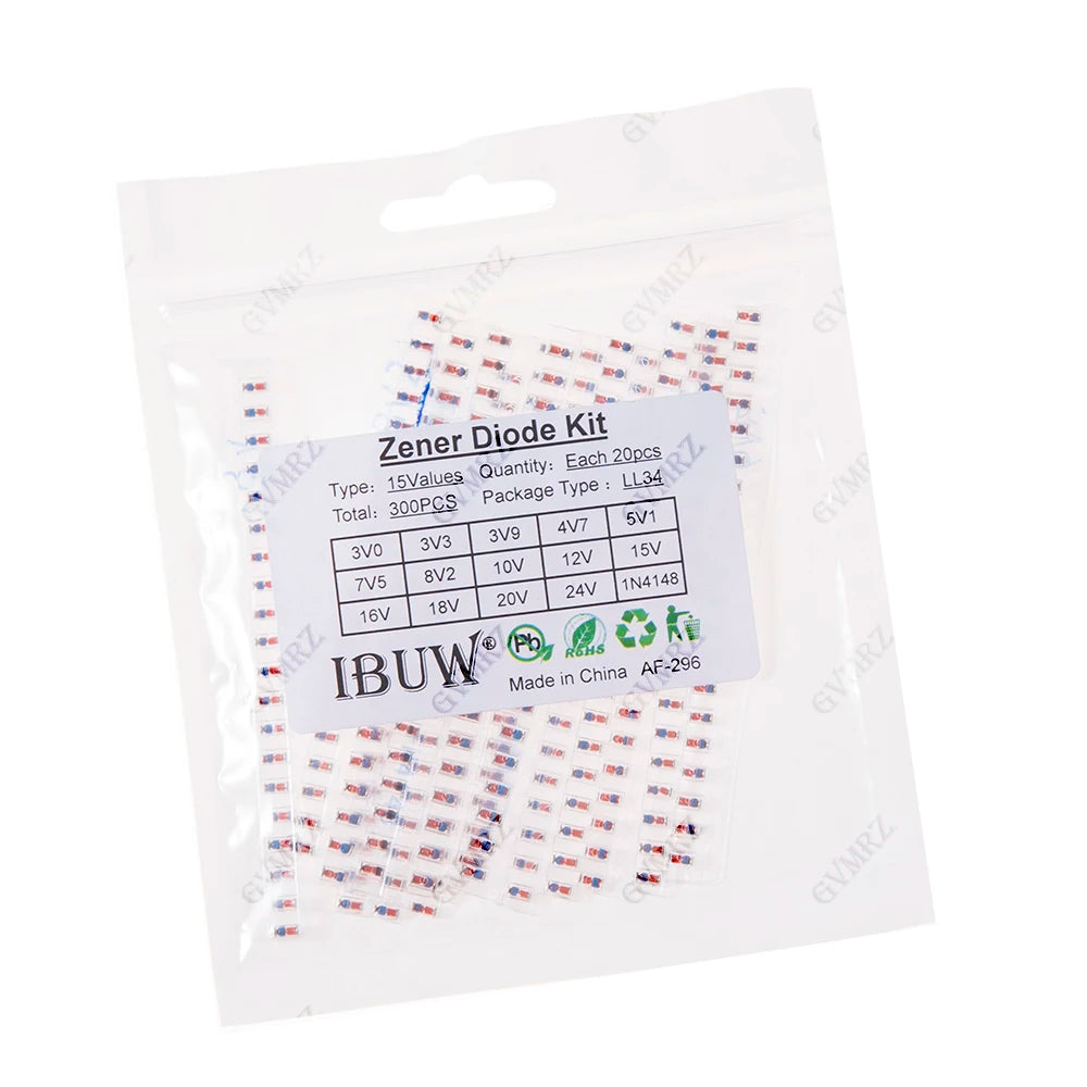 300PCS 16Values Zener Diode Kit 3V0-24V 1N4148 LL34 for Voltage Regulation Projects 5V1  3V9 3V3 3V0 15V 12V 10V 8V2 7V5