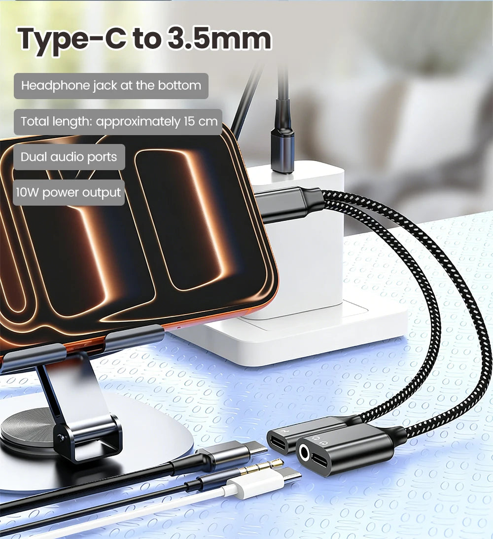 3 in 1 USB C Adapters Type-C to 3.5mm/Type-C Headphones+ Type-C Charging Connector For iPhone 15-17 Xiaomi Huawei Samsung Phones