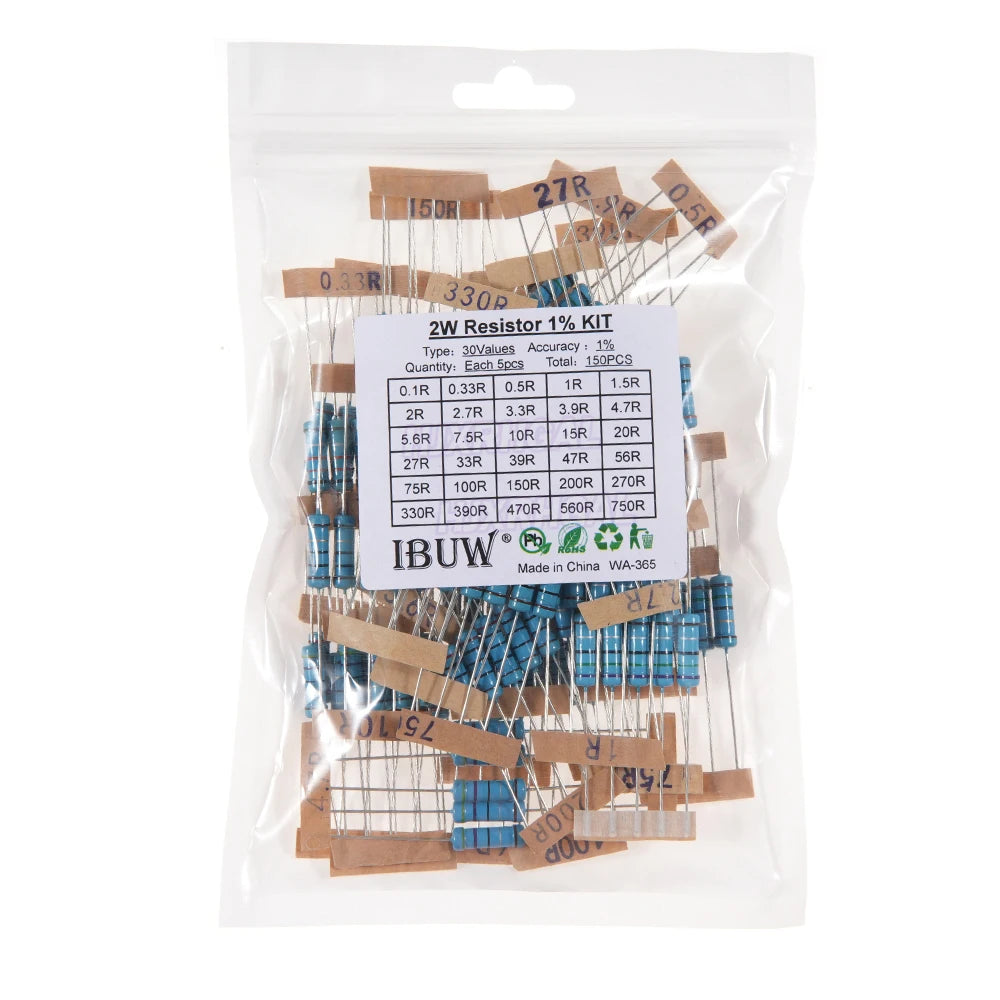 150PCS 300PCS 1/4W 1/2W 1W 2W 3W Resistance 1% Metal Film Resistor Assortment Kit Set 30Values Each 5/10PCS 1~750 1K~820K Ohm
