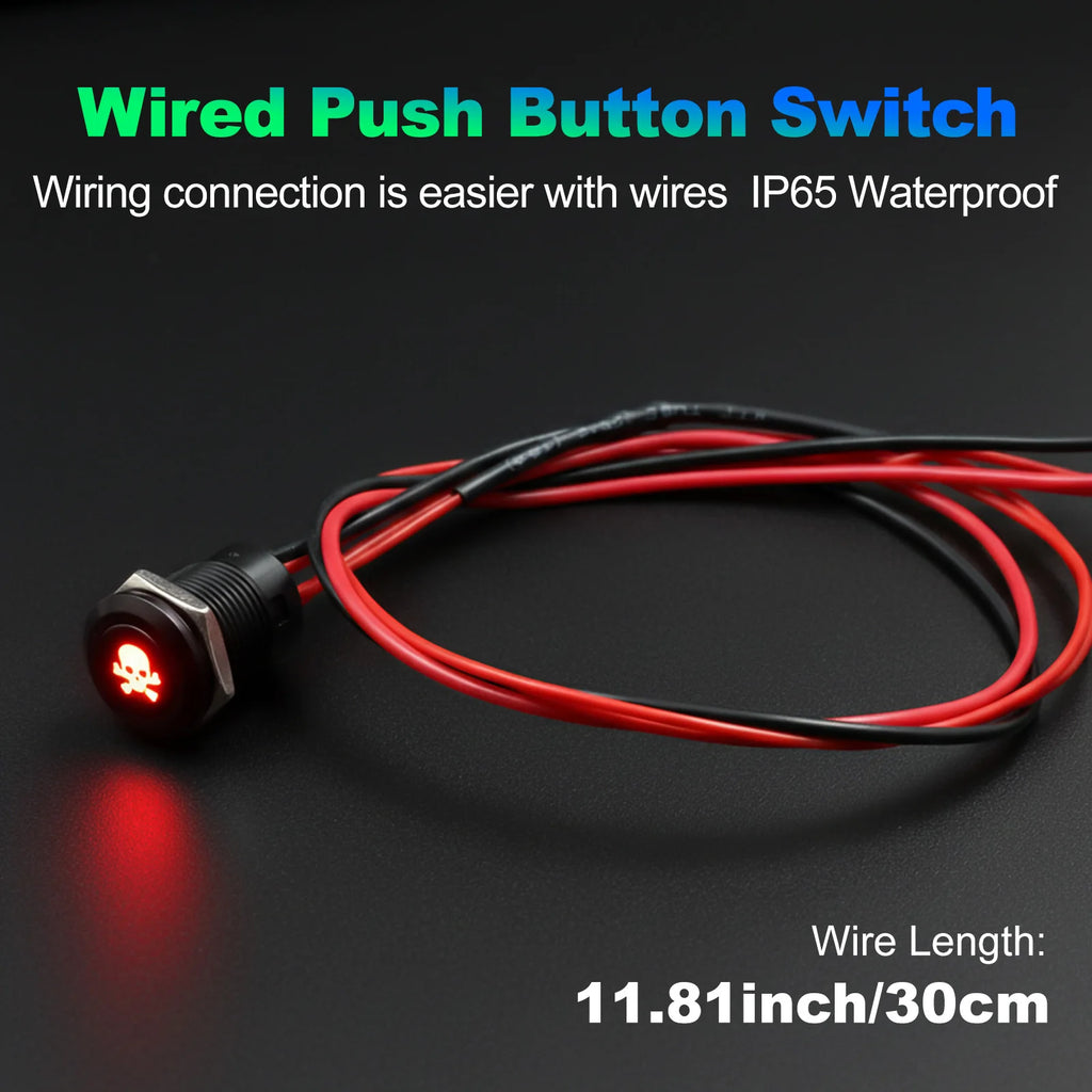 12mm Plastic Push Button Switch IP65 Waterproof 12V 24V Pre-Wired Symbol LED Dash Indicator Switch for Car Marine Boat RV Truck