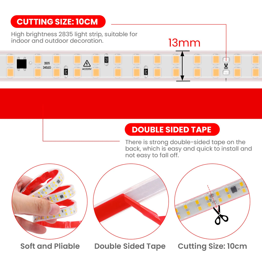 AC 220V LED Strip Waterproof 240Leds/M 3000K 4000K 6000K Home Decor Self Adhesive Tape Chain Light Flexible Ribbon Strip