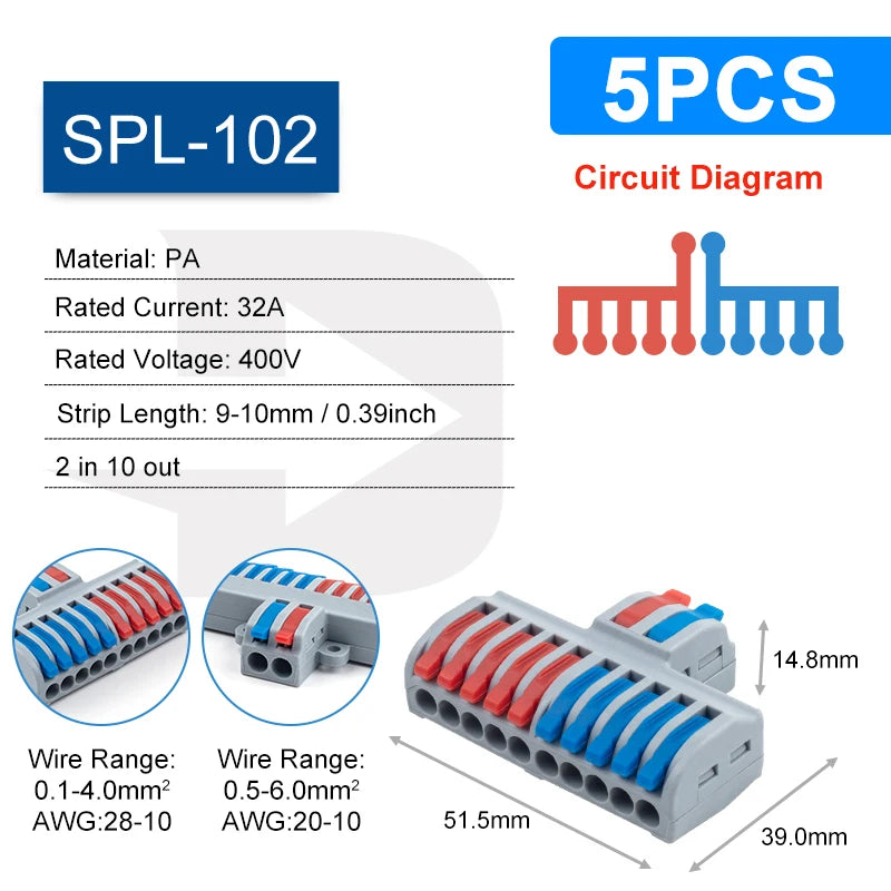 Quick Electrical Connectors Universal Compact Push-in Conductor SPL Splitter Wiring Cable Connector Butt Terminal Block AWG28-12