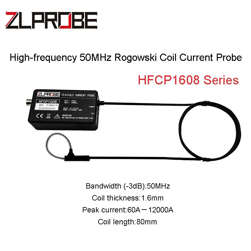ZLPROBE High-frequency 50MHz Rogowski Coil AC Current Probe HFCP1608 60/12000A Bandwidth 50MHz Universally Compatible Oscillosco