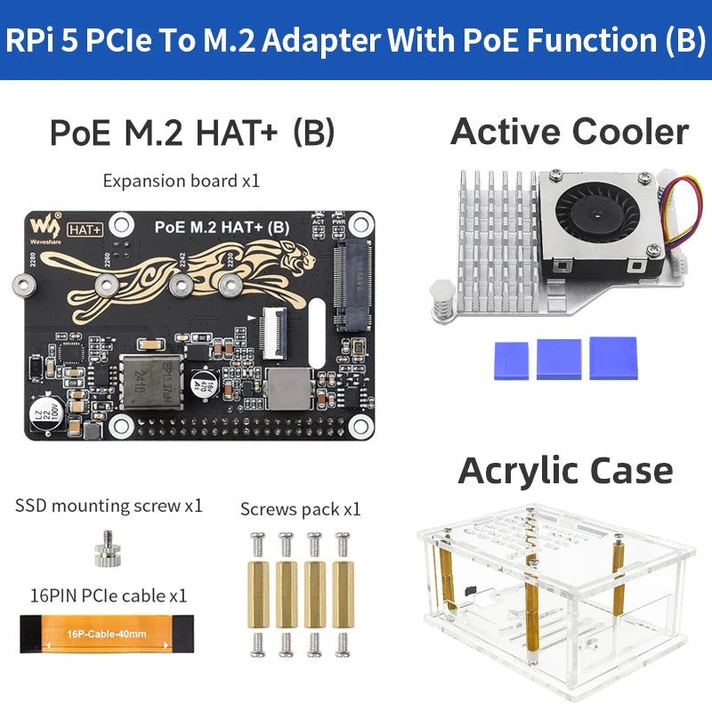 Raspberry Pi 5 PCIe To M.2 With PoE HAT (B) Supports NVMe Protocol M.2 Solid State Drive High-speed Reading Writing Pi 5 PoE HAT