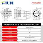 FILN 2PCS 19mm 12V 24V Push Button Switch Ring Button Latching IP65 Waterproof with LED 1NO1NC Pre-Wired Harness 5Amp Marine car