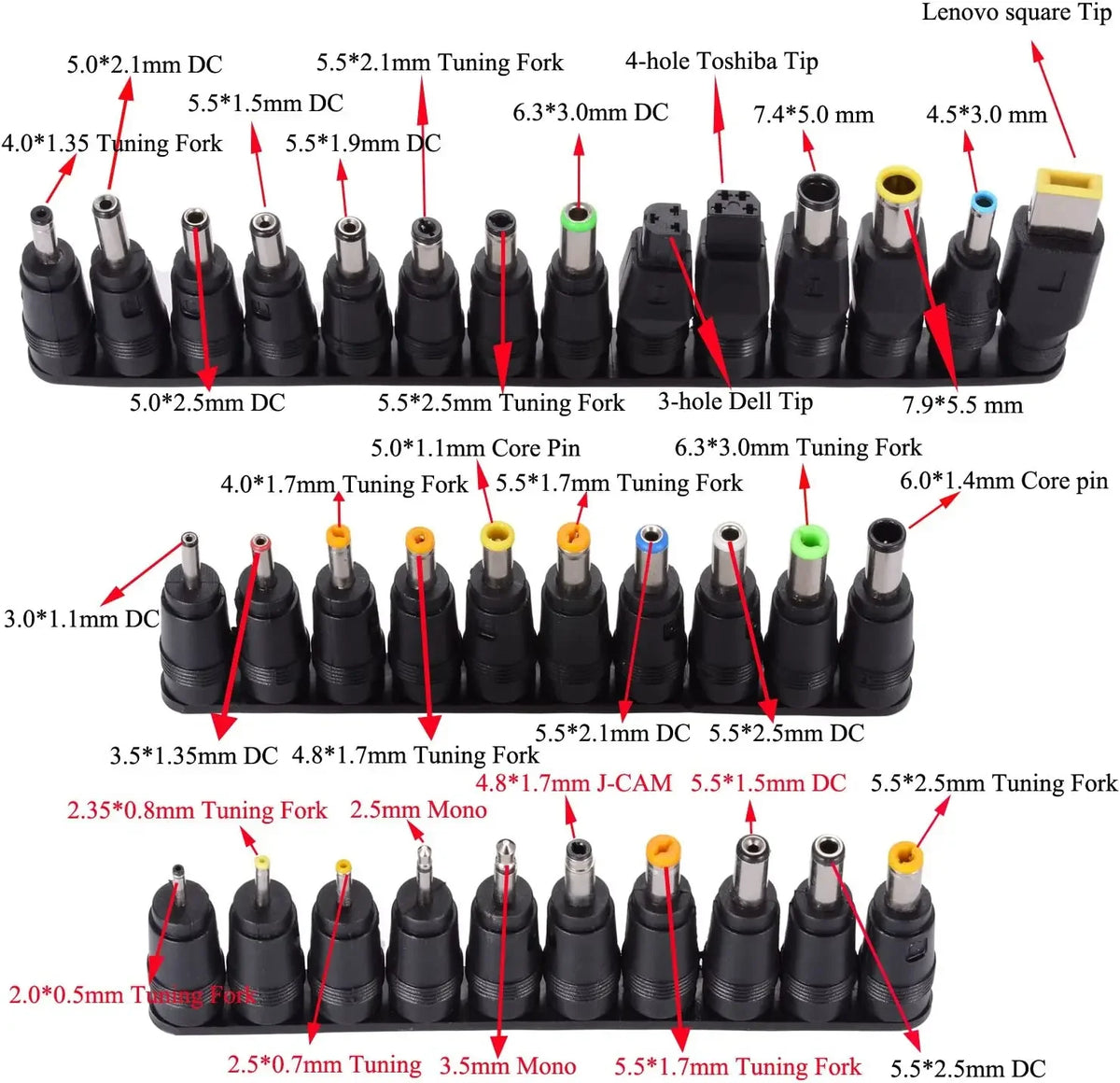 34pcs Laptop Power Adapter Tips Multi Kits Universal Input DC Plug Set Jack Tips 5.5 mm x 2.1 mm DC AC Power Adapter Tips