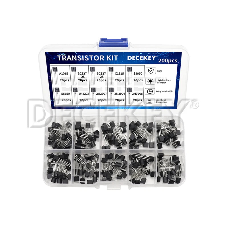 200Pcs BJT Transistor Kit 10 Values Bipolar Power Transistors A1015 BC327 BC337 C1815 S8050 S8850 2N2222 2N2907 PNP NPN