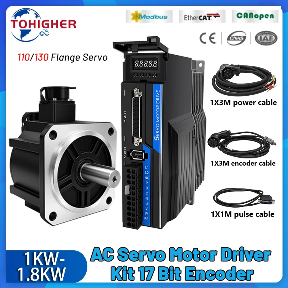 Servo Motor 1000W/1.5KW/1200W/1500W/1800W/750W Servo Motor 130 and Driver EtherCAT Servo Motor 220V with Driver with Brake CNC