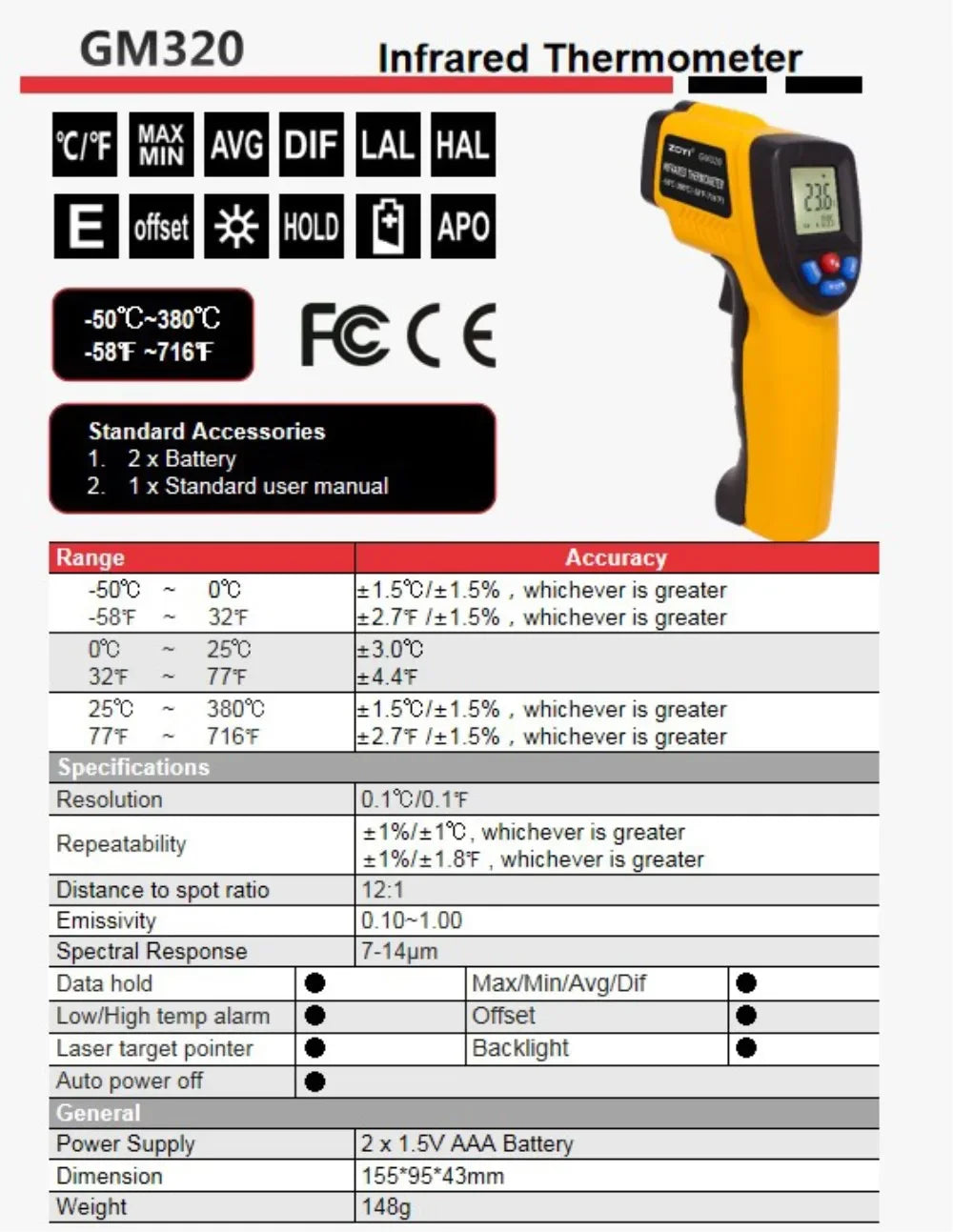 Digital Infrared Thermometer Non-Contact Temperature Gun LCD Backlight Temperature Meter For Industrial Kitchen Outdoor