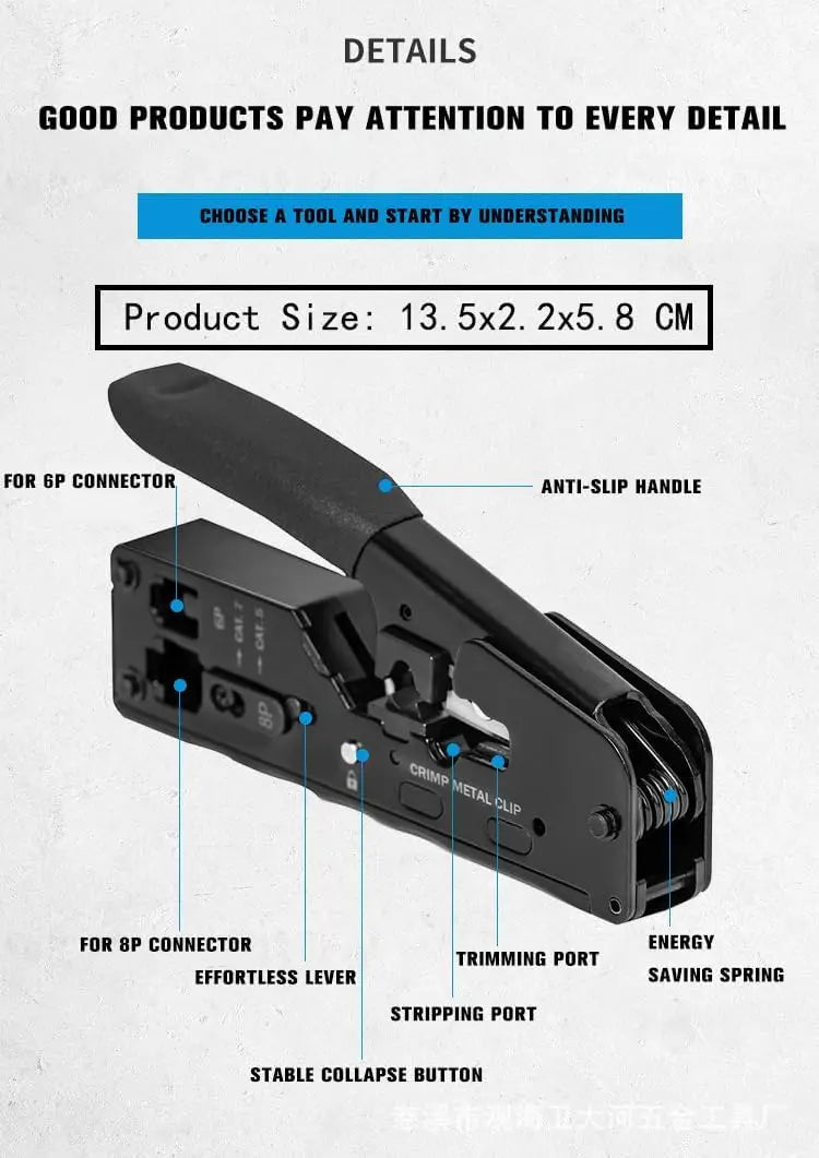 RJ45 Crimp Plier Pass Through Crimper Stripper Cutter for Cat7 Cat6 Cat5e 8P Modular Connector Ethernet All-in-one Wire Tool