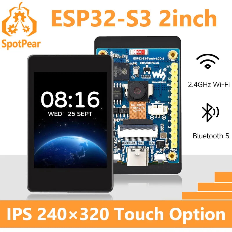 Waveshare ESP32-S3 2inch Capacitive Touch Display IPS 240×320 Camera Touch Option Supports WiFi Bluetooth Development Board