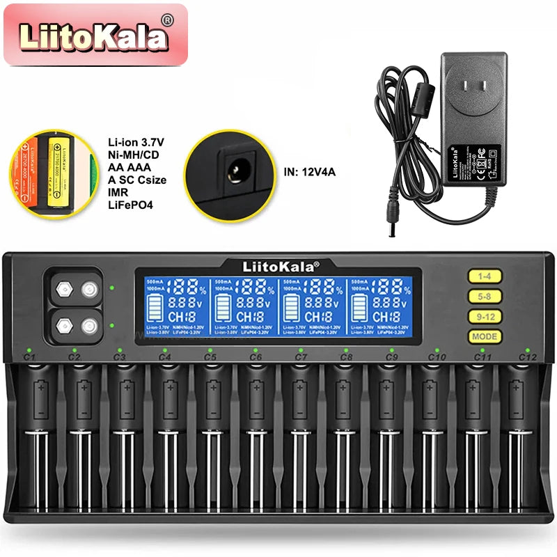 LiitoKala LiI-S12 Smart Charger 14 Slots - CE Certified Universal Charger for Li-ion/LiFePO4/Ni-MH/9V Batteries 18650, 26650, AA