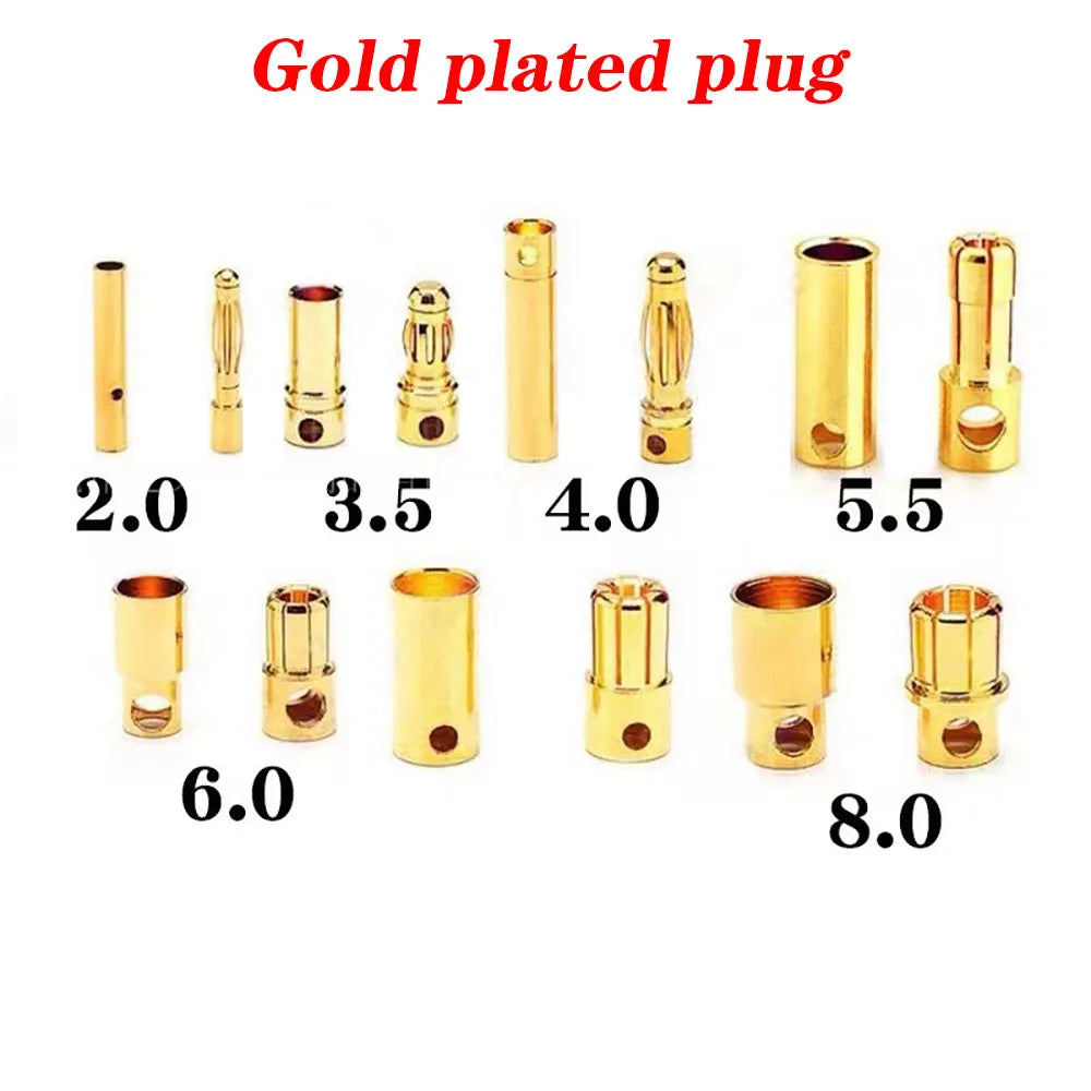 1-10pcs 2.0mm 3.0mm 3.5mm 4.0mm 5.0mm 5.5mm 6mm 6.5mm 8mm Gold-plated Bullet Plug High Current Banana Connector for RC Lipo