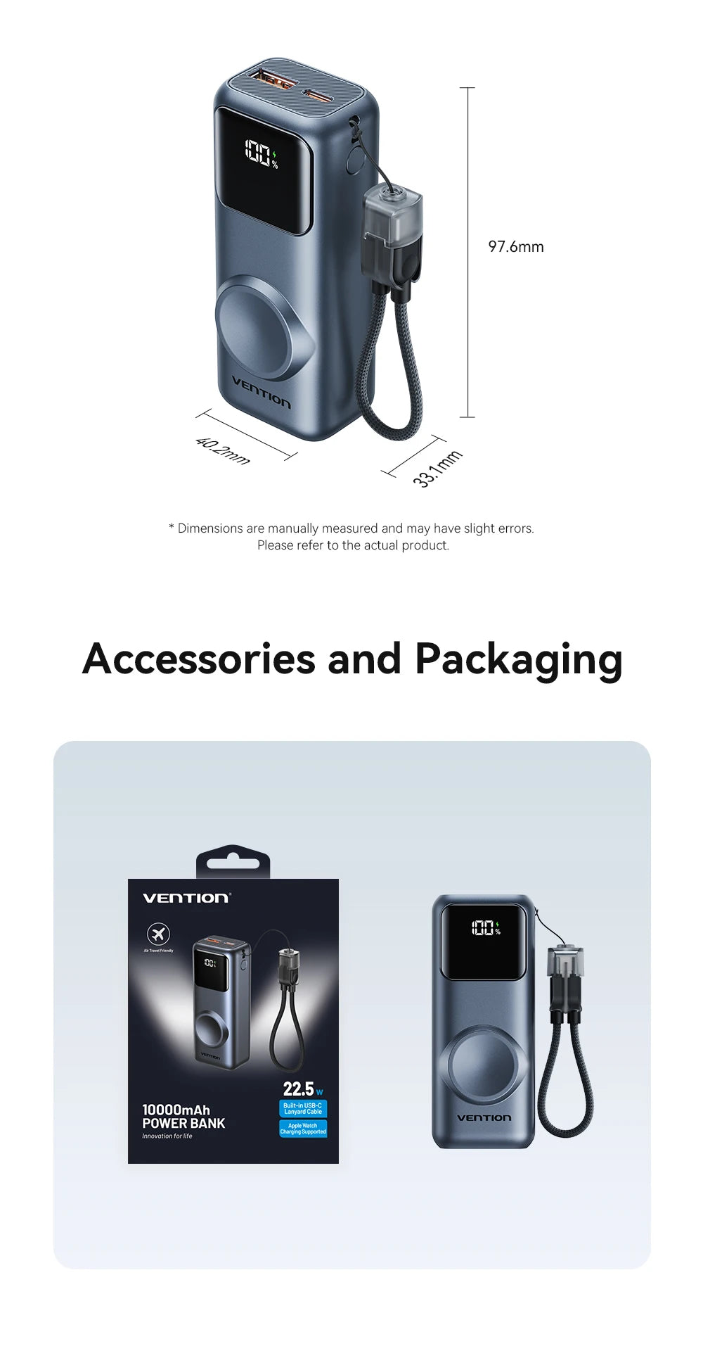 Vention 10000mAh Mini Power Bank 22.5W Fast Charging for iPhone 17 16 Magnetic Wireless Charger for Apple Watch Series 11 10 9