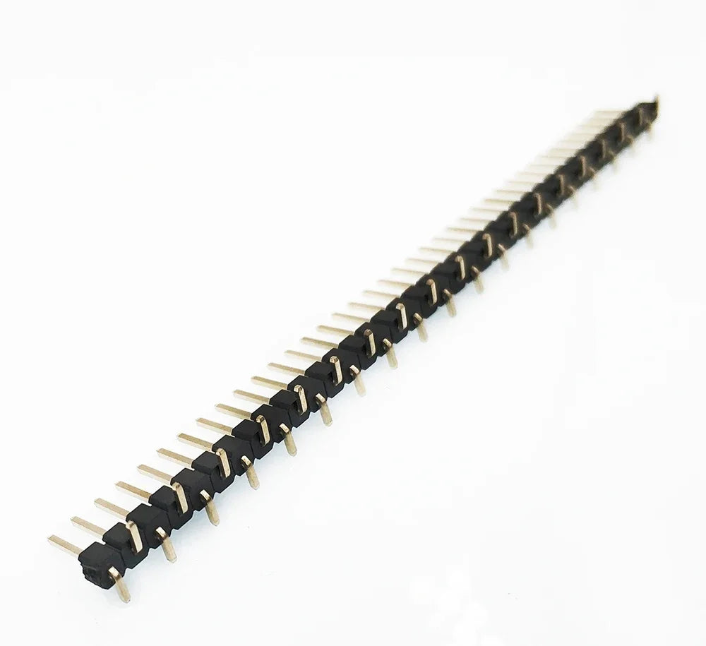 100pcs 2.54mm Single Row Breakable 1X40P Right Angle R1 R2 SMT Board Spacer Gold-plate  Male PCB Pin Header Strip Connector