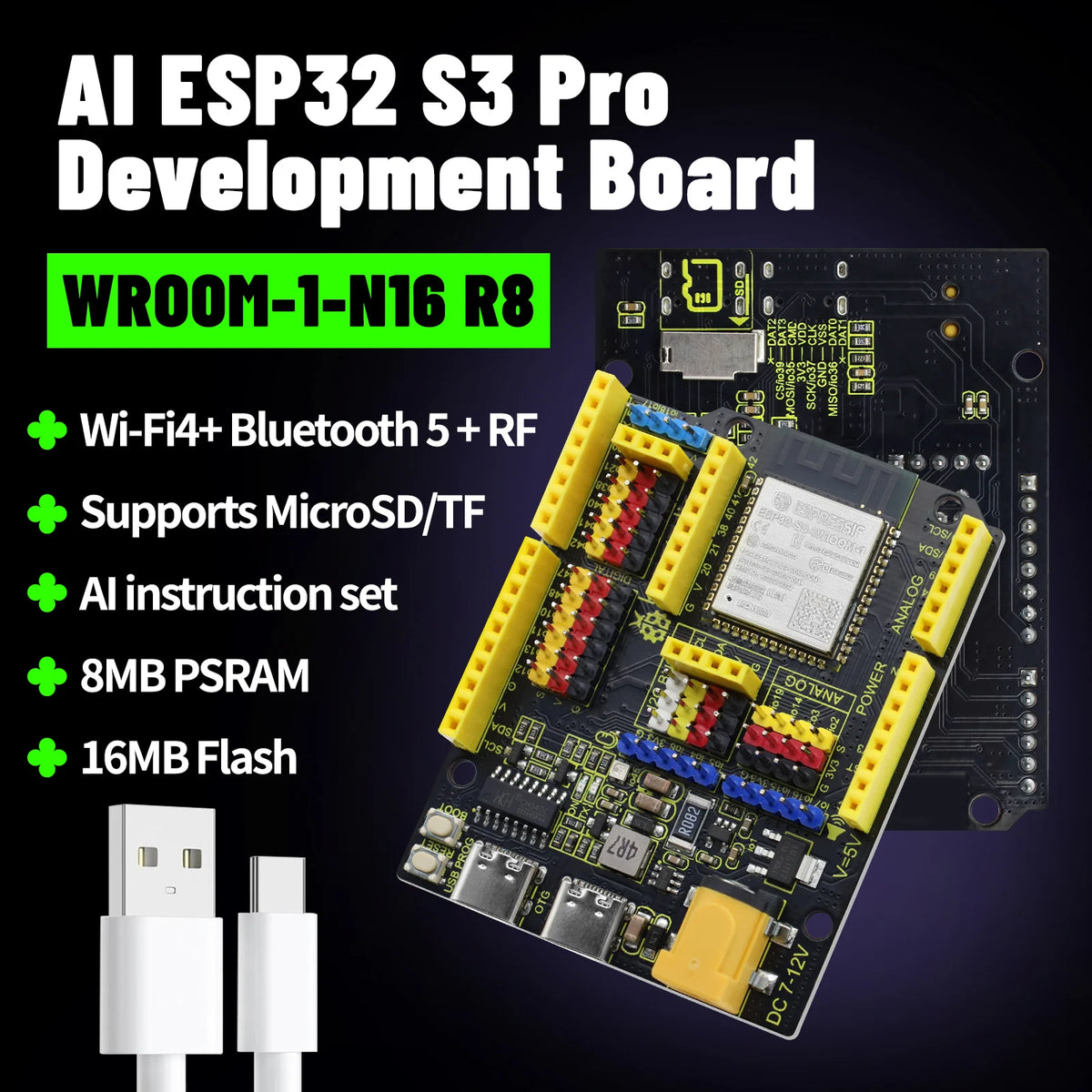 Keyestudio ESP32 S3 Pro Development Board Based on the ESP32-S3-WROOM N16R8 Module With Type C USB for Arduino IDE Programming
