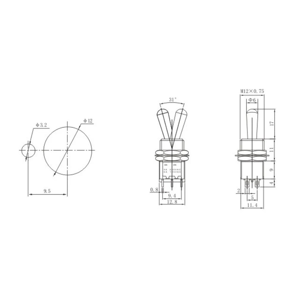 5PCS Large Long Handle Mini Toggle Switch 3 Position DPDT Latching Momentary Switch 12MM ON-OFF-ON DPDT MTS-203 6A 125VAC