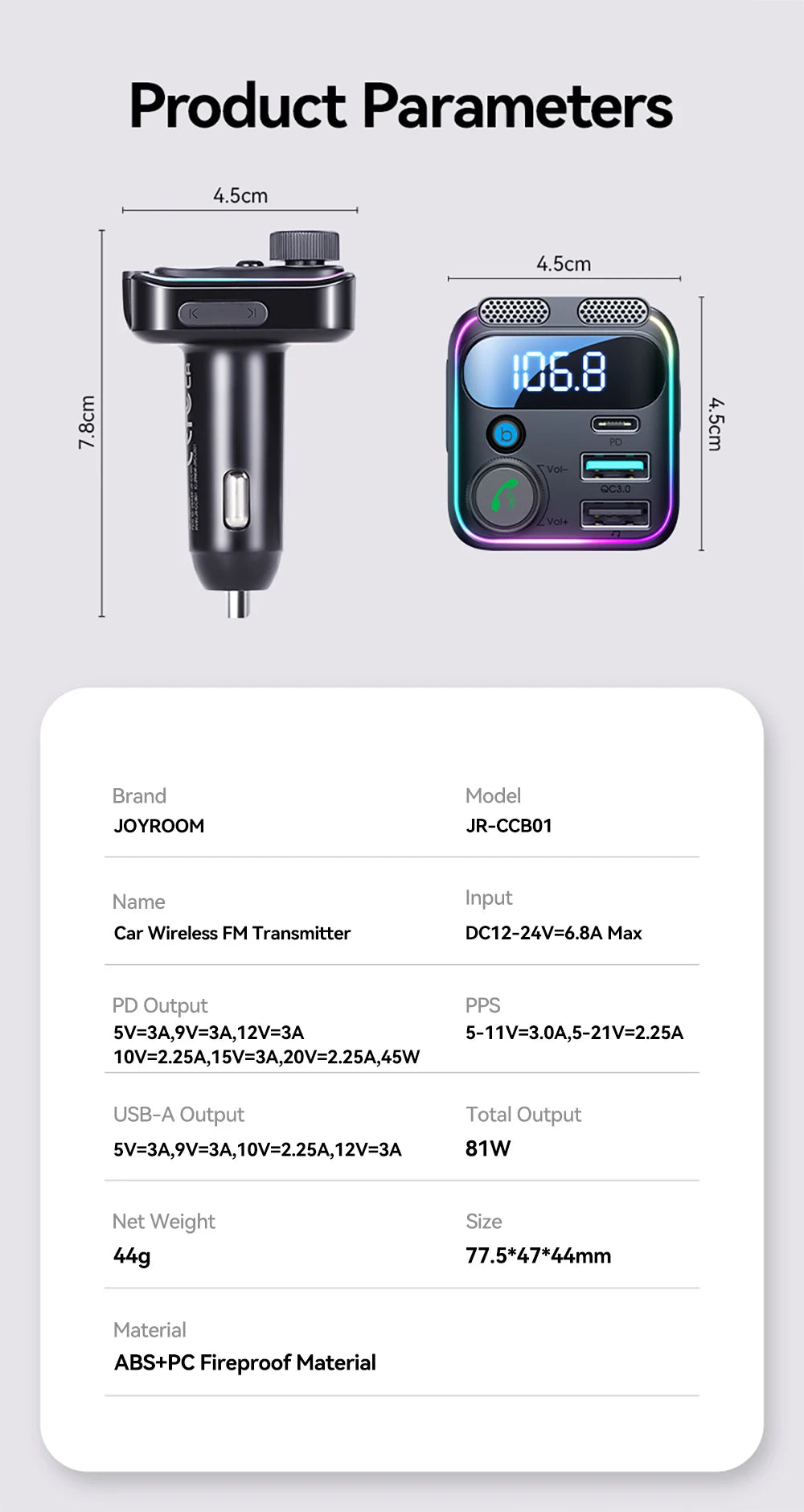 Joyroom Bluetooth 6.0 FM Transmitter with PD 45W&QC3.0 Fast Charger Bluetooth Car Adapter Portable Car AUX Radio Modulator MP3