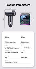 Joyroom Bluetooth 6.0 FM Transmitter with PD 45W&QC3.0 Fast Charger Bluetooth Car Adapter Portable Car AUX Radio Modulator MP3