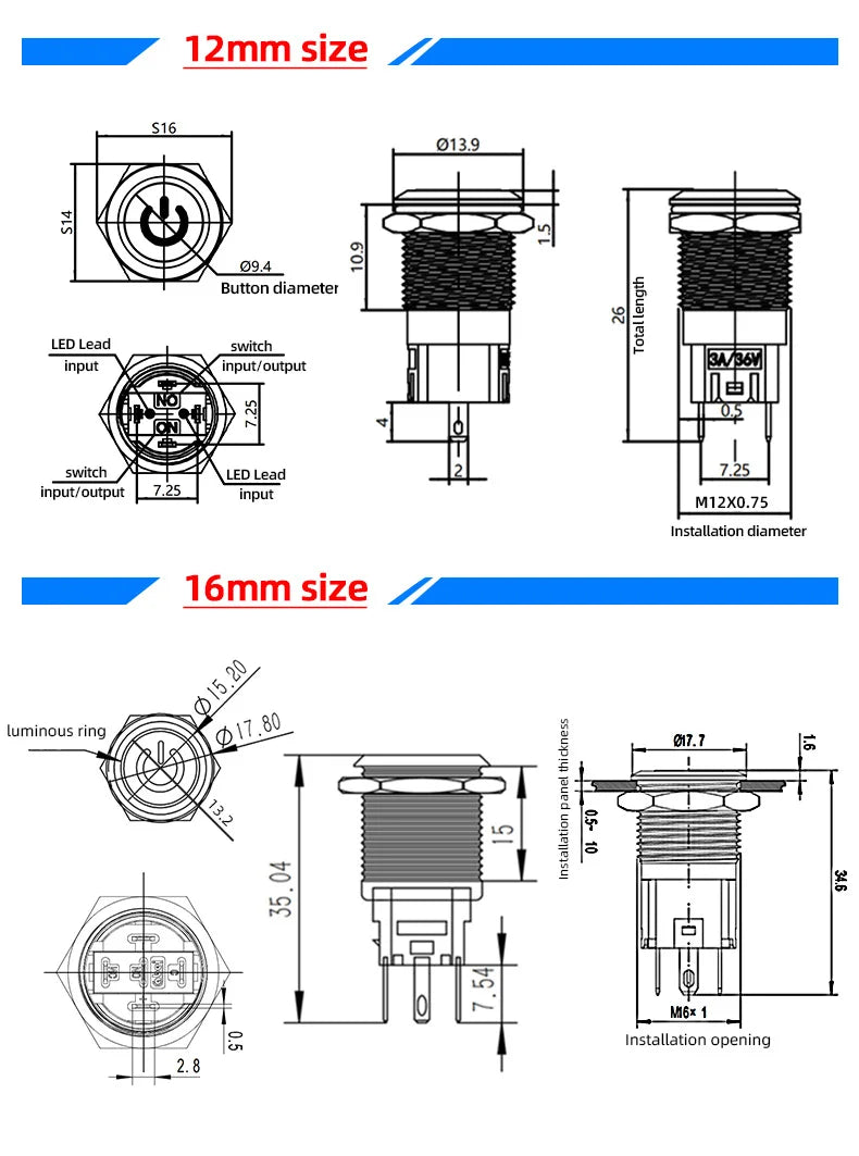 Metal Switch Button Push With Wire Waterproof on off 12mm 16mm 19mm 22mm Momentary/Latching Led Light Start Stop 5V 12V 24V 220V