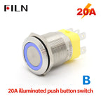 FILN 22mm 20A Stainless Steel Push Button Switch Waterproof IP66 High Current 12V/24V/110V/220V Auto Marine Industrial Control