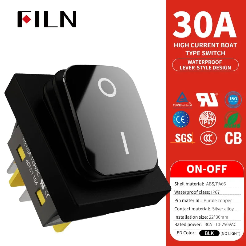 30A/250V Heavy Duty 4 Pin DPST IP67 Sealed Waterproof T85 Auto Boat Marine Toggle Rocker Switch with LED 12V 220V 30x22