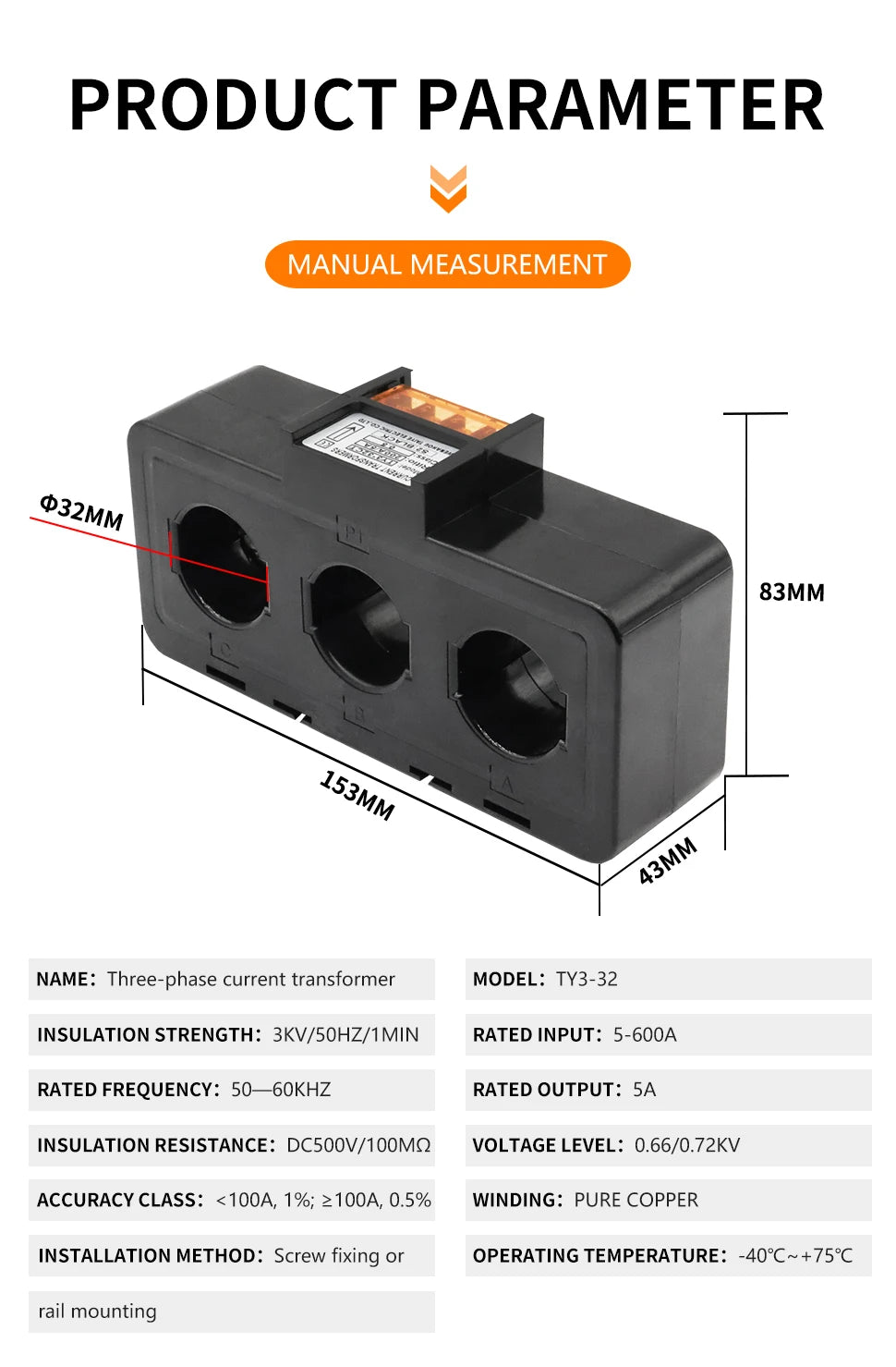 Three-Phase Current Transformer CT Accuracy 0.5 Aperture 35mm 100/150/200/250/300/400/500 Ratio 5A