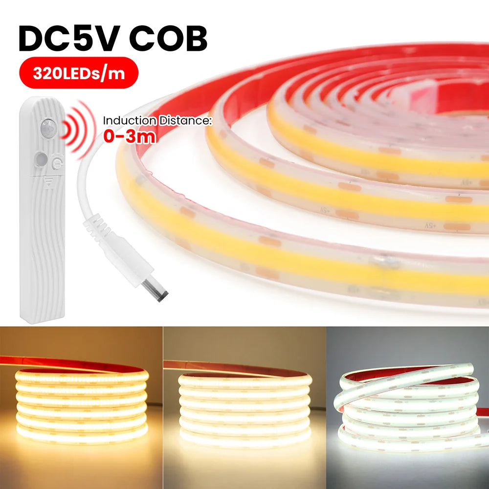 IP68 Waterproof COB Led Strip Light Motion Sensor 5V Battery USB Powered Auto ON/OFF Cabinet Kitchen Staircase Liner Lighting