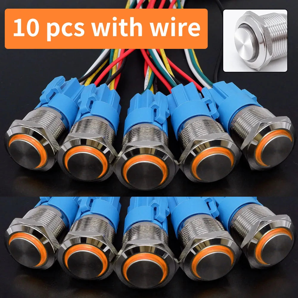 10 pcs  Latching Push Button Switch Metal Shell 16/19/22mmWaterproof Power Symbol Pattern Self-Locking Momentary Fixed 1NO 1NC