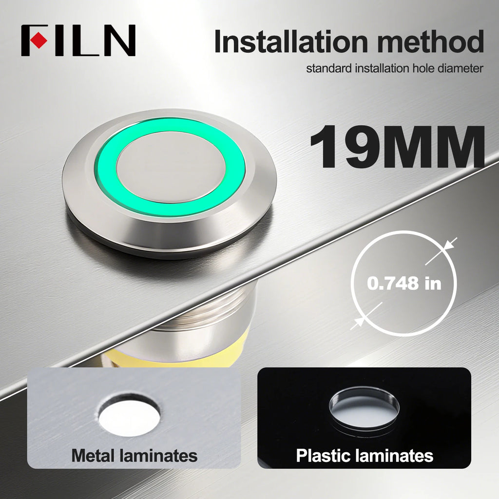 FILN 22mm 20A Metal Push Button Switch with Wire Harness Connector IP67 Waterproof LED Ring Light High Current Switch 12V 220V