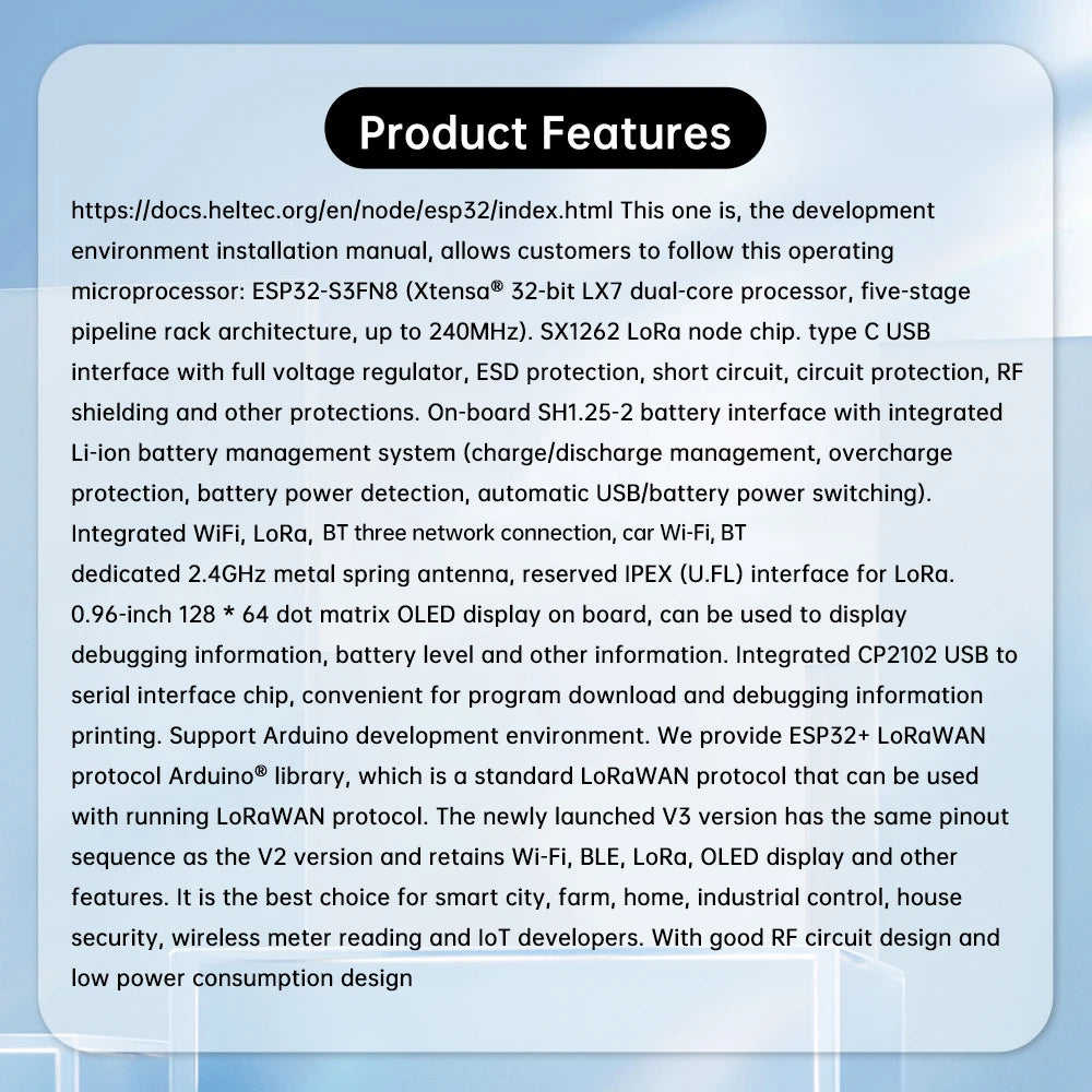WiFi LoRa 32 V3 ESP32-S3 LoRa Module SX1262 863-928MHz 0.96 Inch CP2102 Type-C USB Bluetooth 5 Low Power IoT Board with Spring Antenna