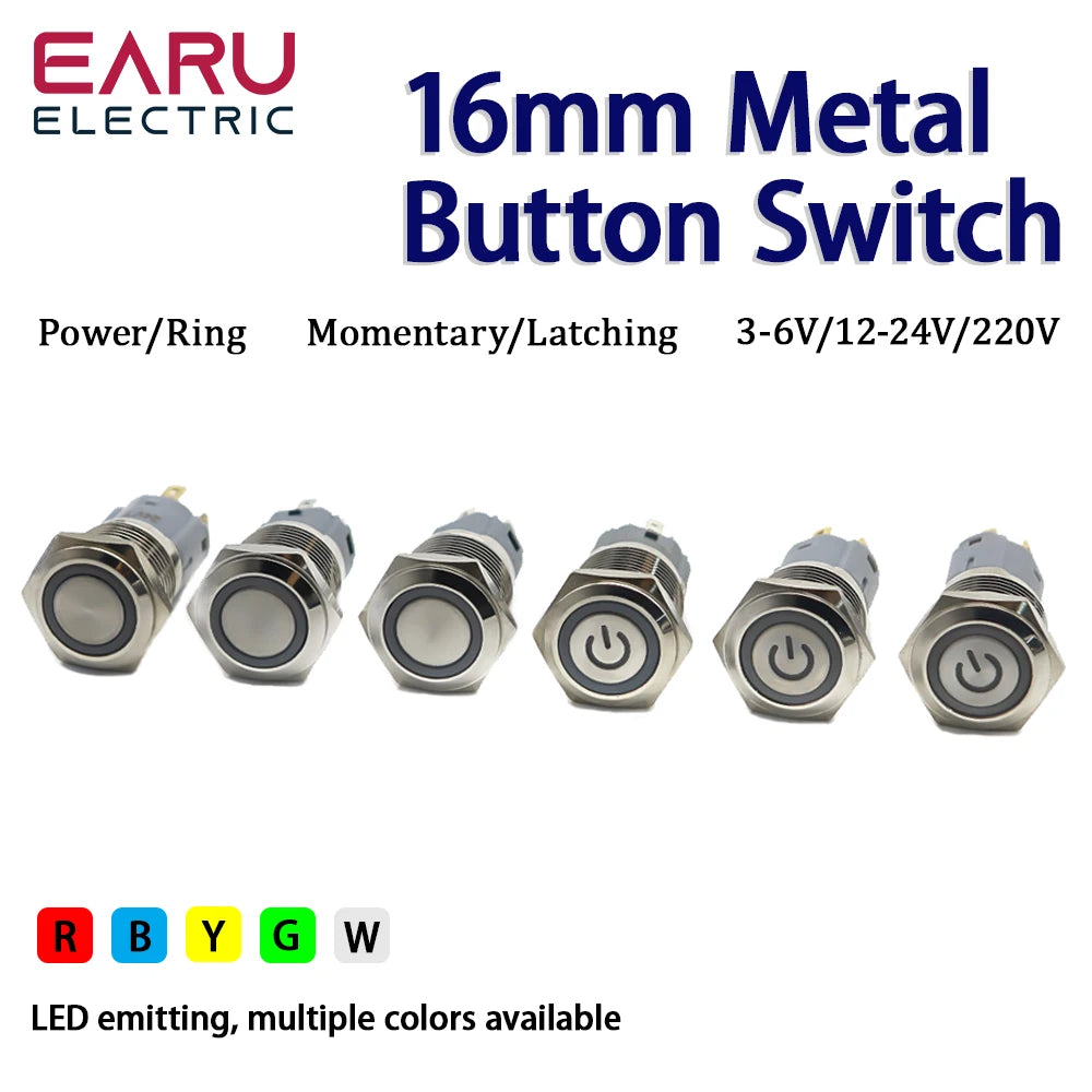 16mm Metal Push Button Switch Ring Lamp Power Symbol Buttons Waterproof Flat Head Momentary Latching LED Light Self-lock 1NO1NC