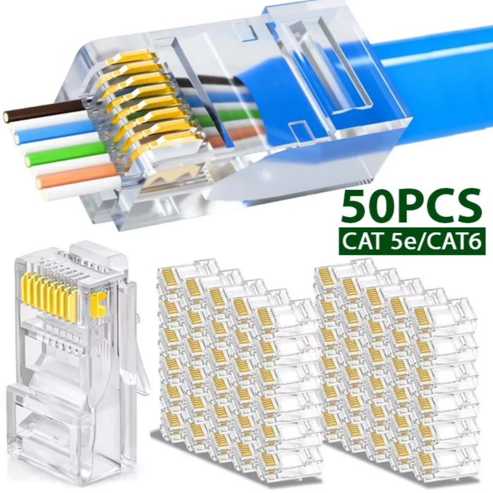RJ45 Cat6 Cat5e Pass Through Network Connectors Ethernet Cable Gold-plated Crimp End Stranded UTP Unshielded Modular Plug