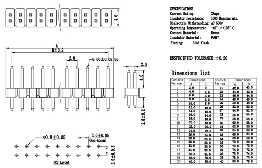 10pcs 1.0mm 1.27mm 2.0mm 2.54mm Pin Header Double Row Male 1/2~40P Breakaway PCB Board Connector Strip Pinheader 1*2/2P 4P 6-40p