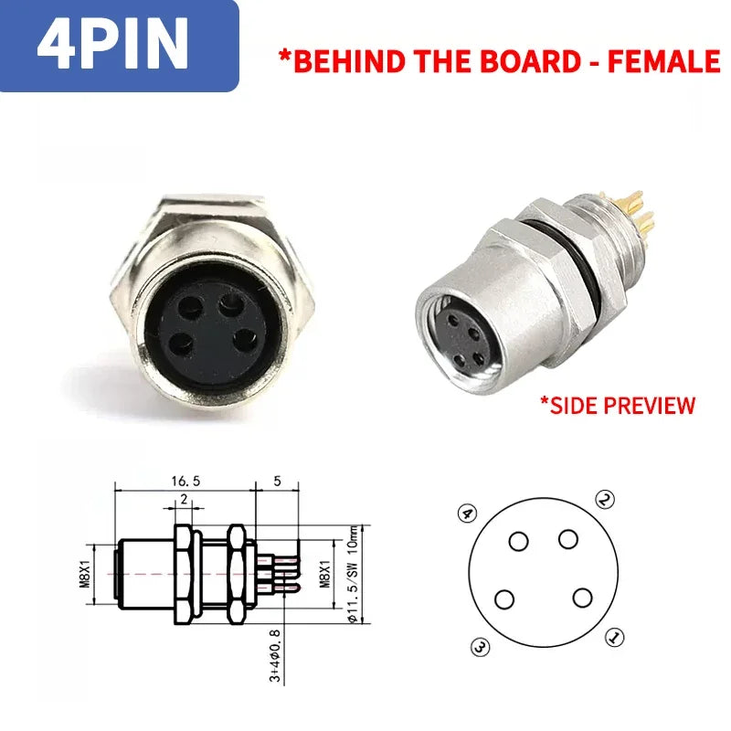 M8 A-Coded Sensor Connector – Panel Back Mount Waterproof Flange Socket & Plug, 3/4/5 Pin Male & Female Threaded Coupling