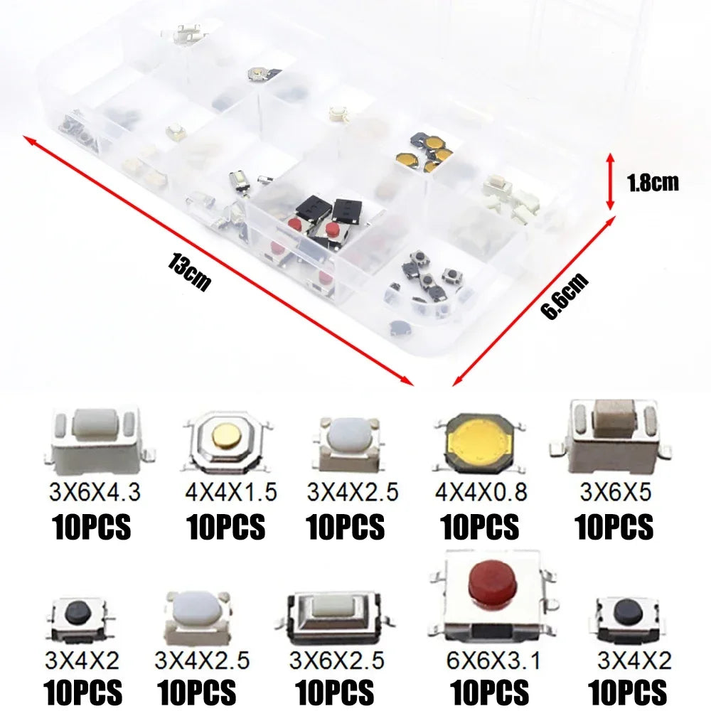 250/100pcs Tactile Push Button Switch Kits 10 Models Car Remote Control Tablet Micro Momentary Keys Button Touch Microswitch