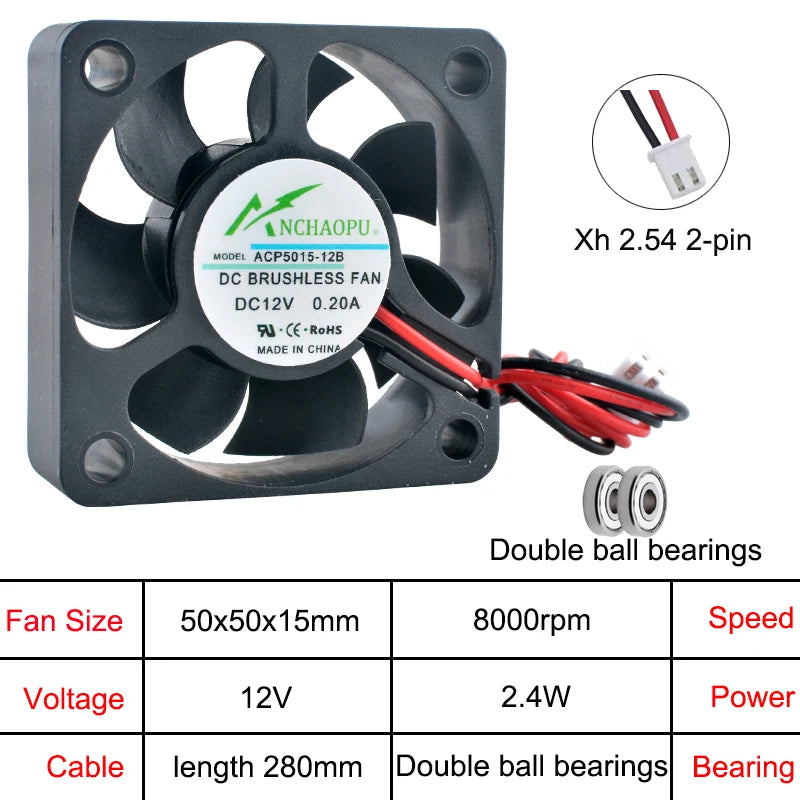Industrial-Grade 50mm Axial Flow Fan –ACP5015 50x50x15mm Multi-Voltage (5V/12V/24V) Cooling Fan for Electronics & Power Systems