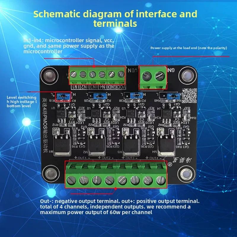 High-Speed 4-Channel P-MOSFET Module Optically Isolated Signal Amplification Control Board for Microcontrollers & PLC