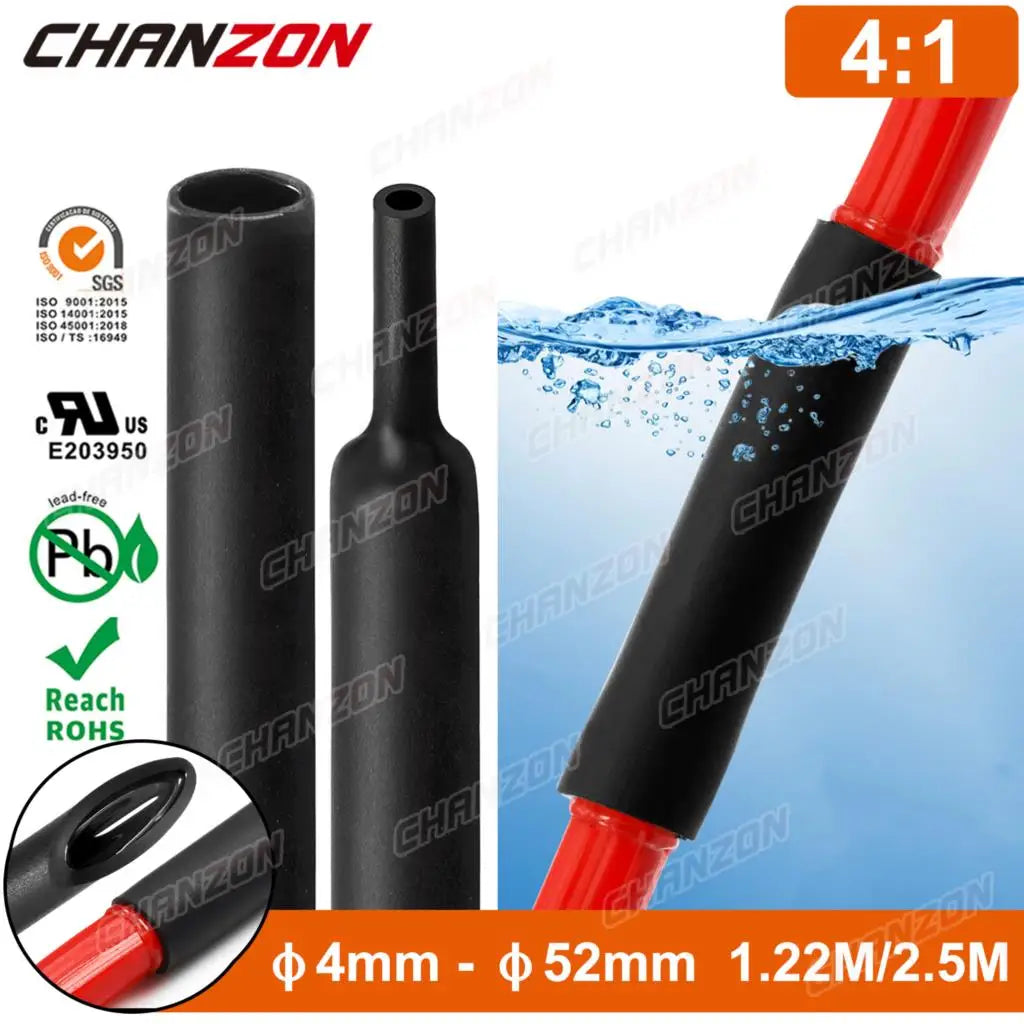 4:1 4mm - 52mm Heat Shrink Tubing With Glue Dual Wall Adhensive Lined Wire Tube Hose Black Waterproof Cable Sleeves 1.22M / 2.5M