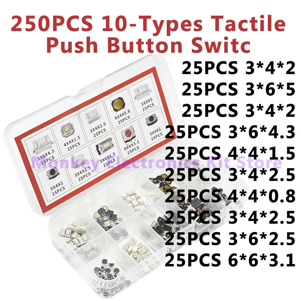 250PCS/1 Set  10-Types Tactile Push Button Switch Car Remote Control Keys Button Touch Micro switch
