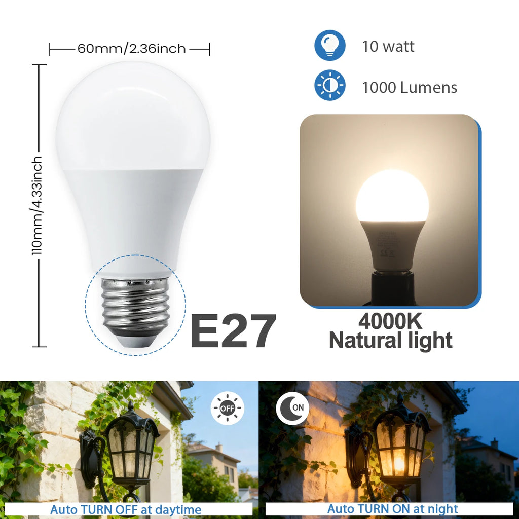 2Pack Led Sensor Control Bulb B22 E27  Bulb Light Dusk To Down AC100-240V 1000lm 10W 3000K-6000K for Underground Garage Corridor