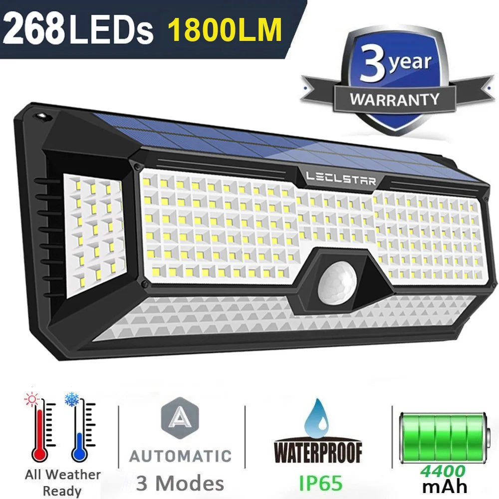 LECLSTAR Solar Outdoor Lights - 268 LED Security Lights with 4 Wide Angle, Waterproof 3 Modes Motion Sensor Lights for Outdoor